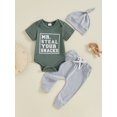 thumbnail image 2 of FEORJGP Toddler Baby Boys Summer Outfits 0 3M 6M 12M 18M Infant Short Sleeve Rompers Letter Print Jumpsuits Sweatpants Long Pants Hat Kids Little Boy Casual Cute 3Pcs Daily Clothes Set, 2 of 7