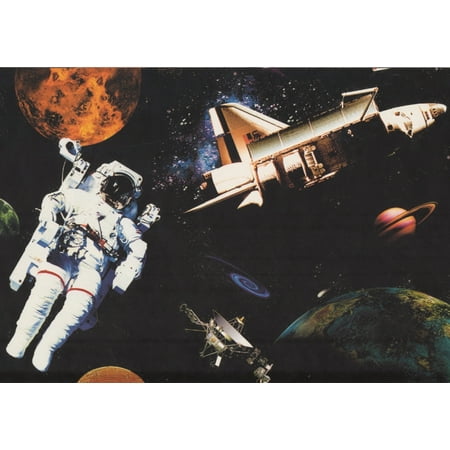 Outer Space Cosmonaut Station Spaceship Black Wallpaper Border Retro  Design, Roll 15' x 9