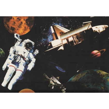 Outer Space Cosmonaut Station Spaceship Black Wallpaper Border Retro Design, Roll 15' x 9 Outer Space Cosmonaut Station Spaceship Black Wallpaper Border Retro Design, Roll 15' x 9