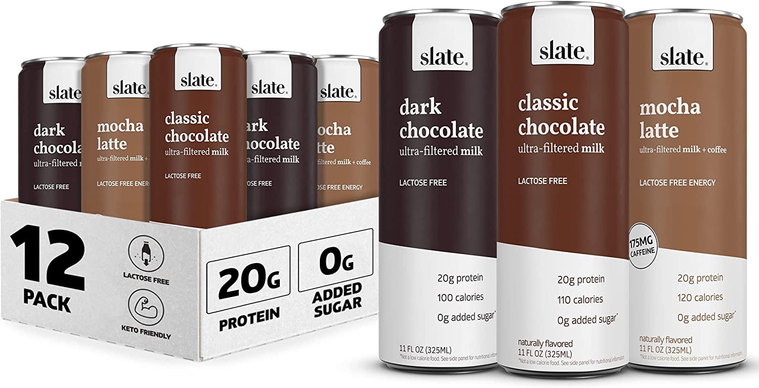 Slate Milk High Protein Shake, Variety Pack, Classic Chocolate, Dark Chocolate, Mocha Latte