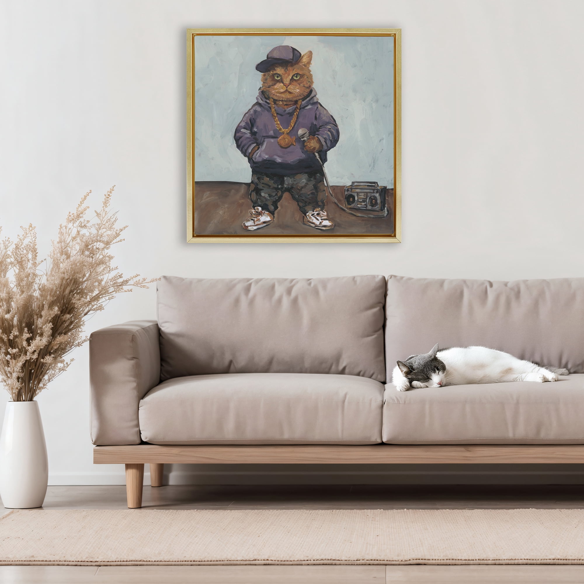 Stupell Industries Urban Hip-Hop Cat Gold Framed Floater Canvas Wall Art, design by Studio Bautista