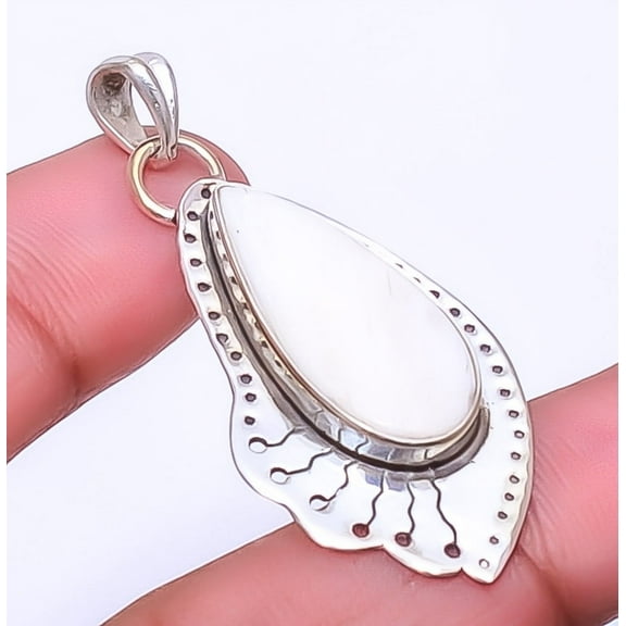 White Scolecite - India Gemstone 925 Silver Plated Designer Pendant 1.95" A36, Valentine's Day Gift, Birthday Gift, Beautiful Jewelry For Woman
