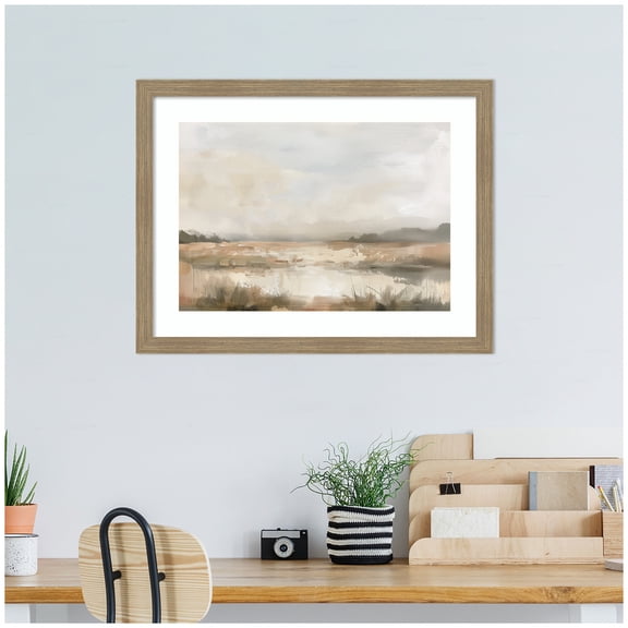 Kate and Laurel Framed Wall Art Print Neutral Abstract Landscape by The Creative Bunch Studio, 26 x 20, Woodgrain Stripe Mocha Frame, Modern Contemporary, Landscape Art for Wall Decor