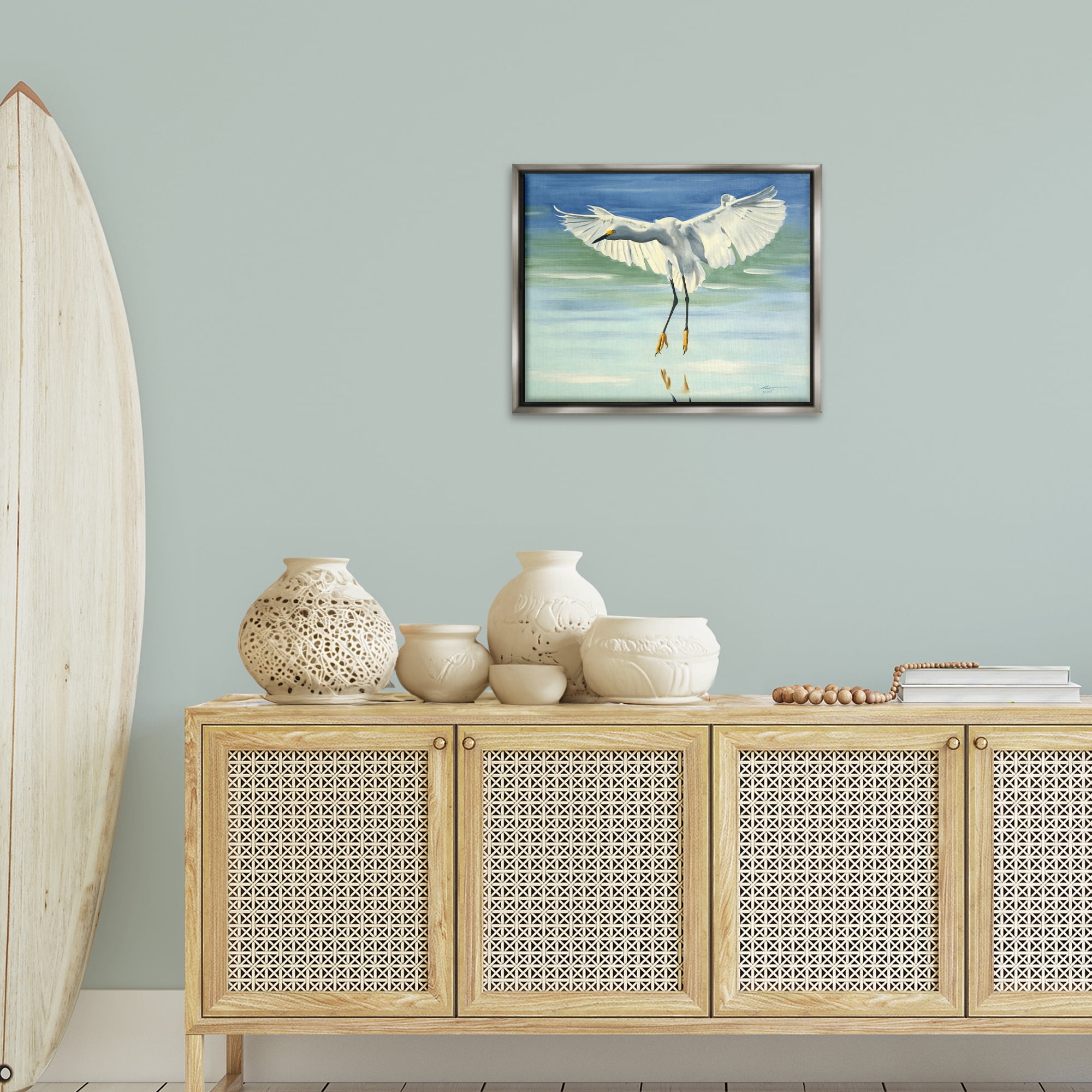 Stupell Industries Snowy Egret on Beach Animals & Insects Painting Gray Floater Framed Canvas Art Print Wall Art, 21 x 17