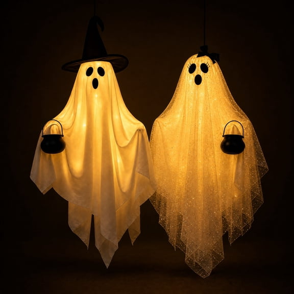 AZXY Halloween Decor, Set of 2 Hanging Couple Ghost Ornaments, Outdoor Tree Fence Porch Yard Garden Party Halloween Ghost Decor for Fall Backyard Holiday Suspended Scene Arrangement Decorations