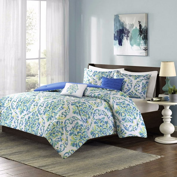 Aqua, Blue and Green Polyester, 4-piece Twin/Twin XL Comforter Set and Damask Pattern Includes