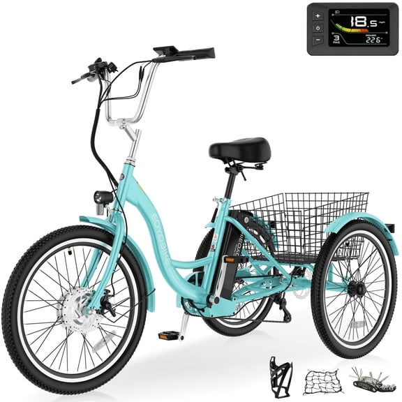 MOONCOOL 24"/26" Electric Tricycle for Adults, 700W Peak Motor,7 Speeds Electric Trike w/ 36V 10.4Ah Removable lithium battery,3 Wheels Unisex Electric Bikes,16MPH,40Miles