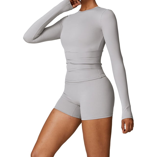 Nituyy Ensemble de Yoga Deux Pièces pour Femmes Manches Longues Col Rond Hauts et Shorts Tenue Active