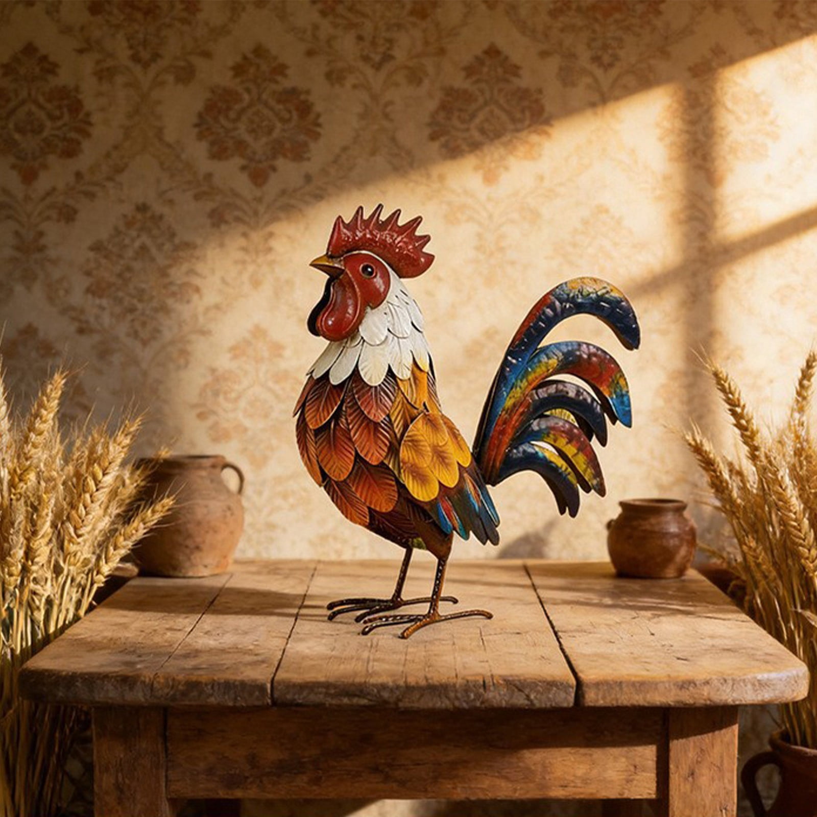 Pxyqht Iron Stereoscopic Rooster Ornament Outdoor Garden Courtyard Decoration Simulation Metal Yard Art Farmhouse Statue 10x13in