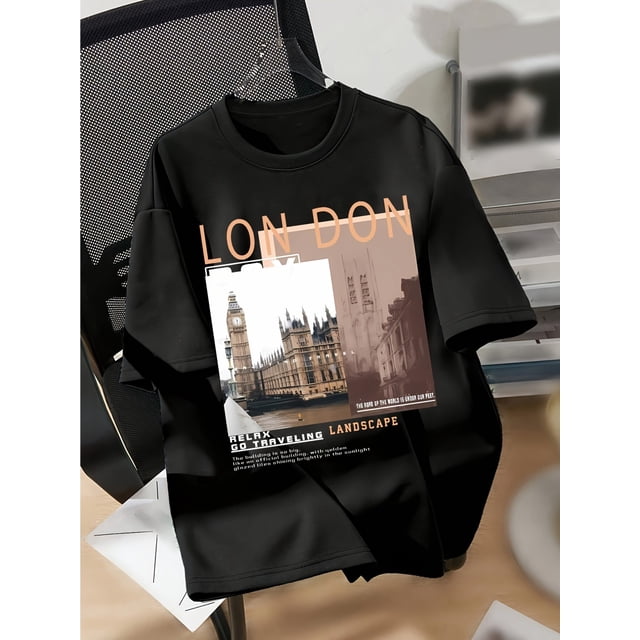 Women's Casual Architectural Print T-Shirt, Short Sleeve Crew Neck Top, 100% Cotton, Knit Fabric, 220gsm, All Seasons - London Graphic Tee