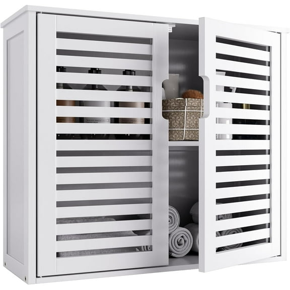 White Bathroom Cabinet Over Toilet, Bamboo Hanging Medicine Cabinet, Wall-Mounted Storage Organizer, Kitchen Cupboard with Double Doors and Adjustable Shelf