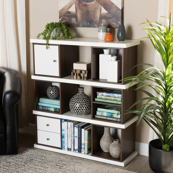 Rune Modern and Contemporary Two-Tone White and Walnut Brown Finished 2-Drawer Bookcase