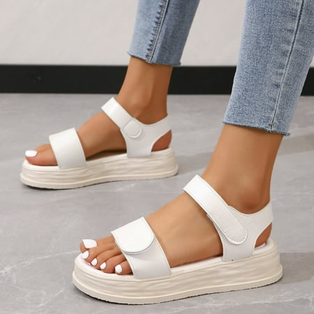 

ZHELIYO Women s sandals Ladies Fashion Summer Solid Leather Hook Loop Open Toe Thick Sole Sandals White 6.5