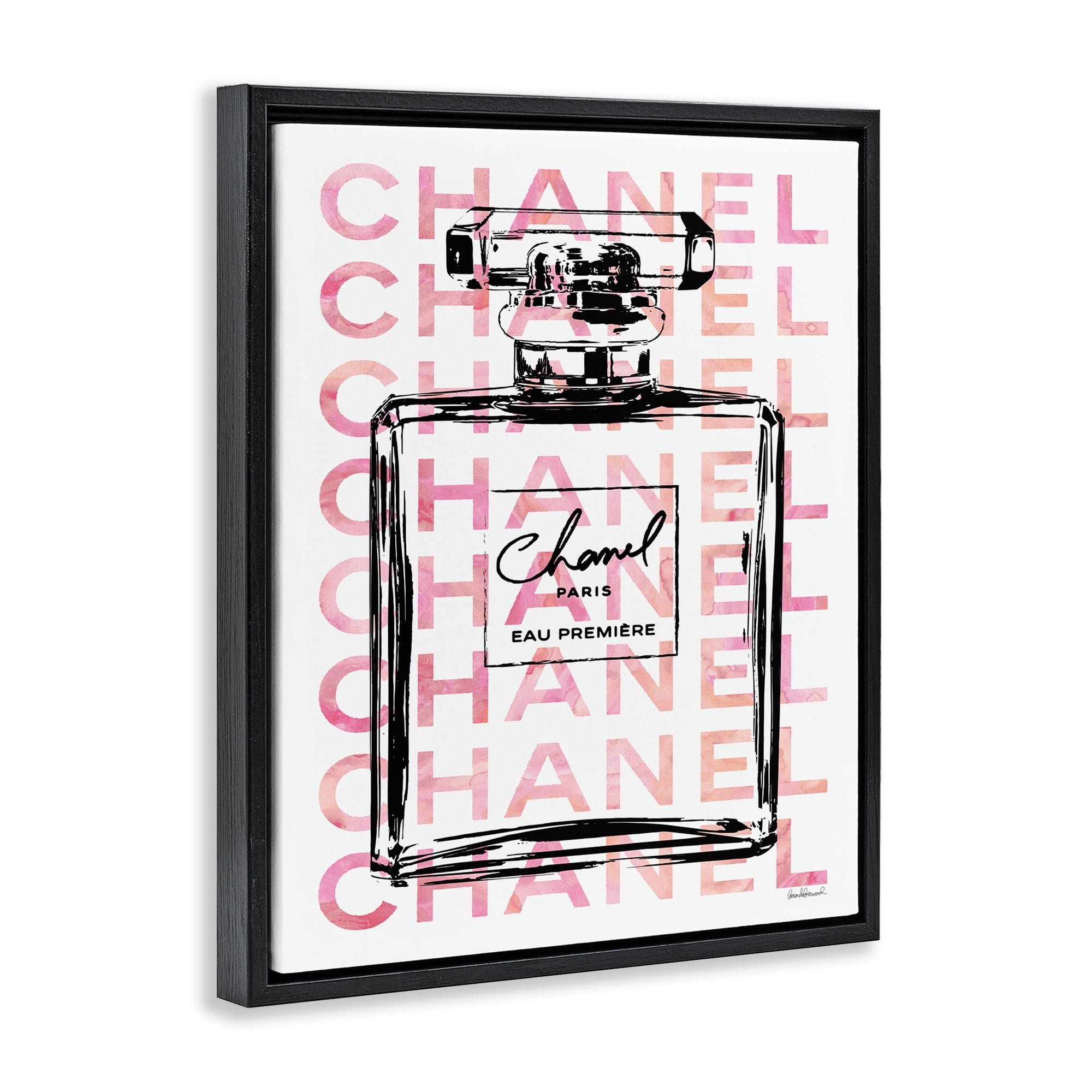 Stupell Industries Glam Perfume Bottle With Words Pink Black Jet Black Framed Floating Canvas Wall Art, 16x20, by Amanda Greenwood