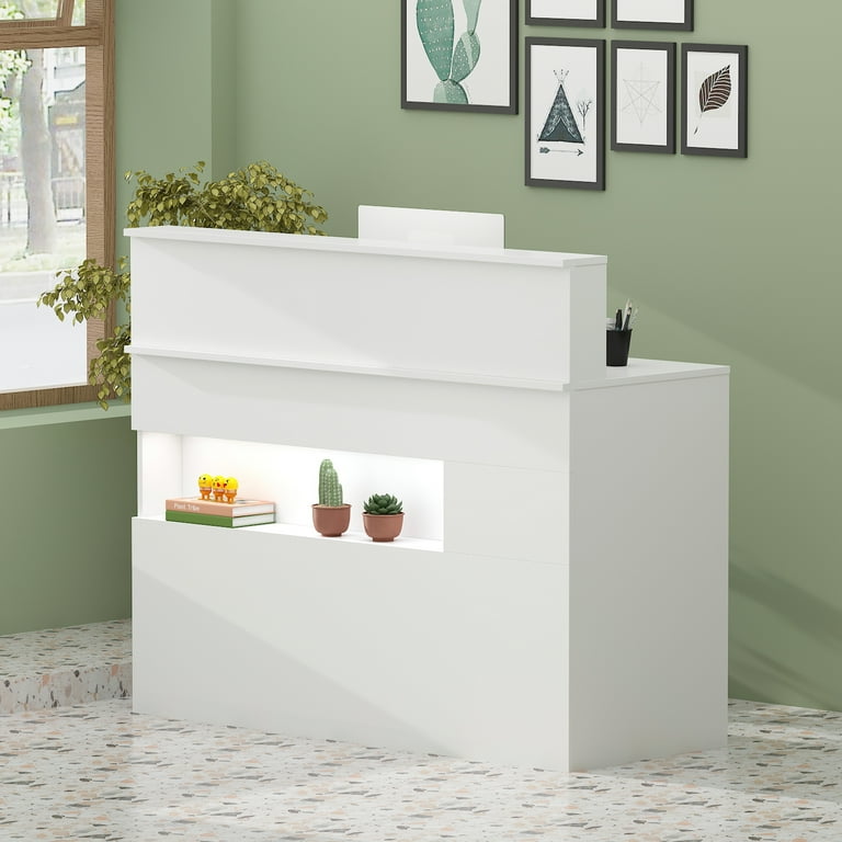 WIAWG Modern Office Reception Desk with Drawers and Lights Commercial Grade Laminate 47.2 in White Walmart