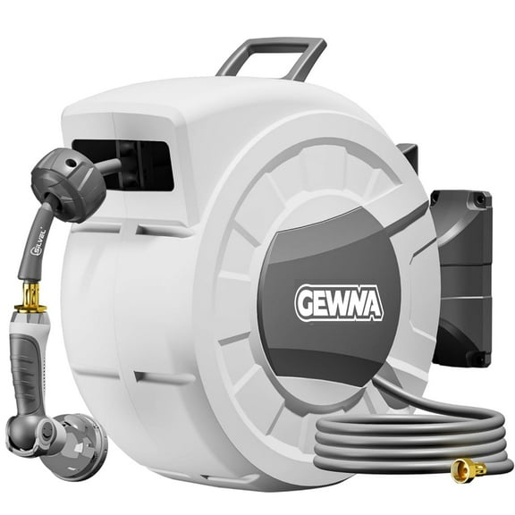 Gewna 1/2 in x 100 ft Retractable Wall Mounted Garden Hose Reel with 10 Pattern Nozzle, Any Length Lock, Slow Return System, 180°Swivel Bracket