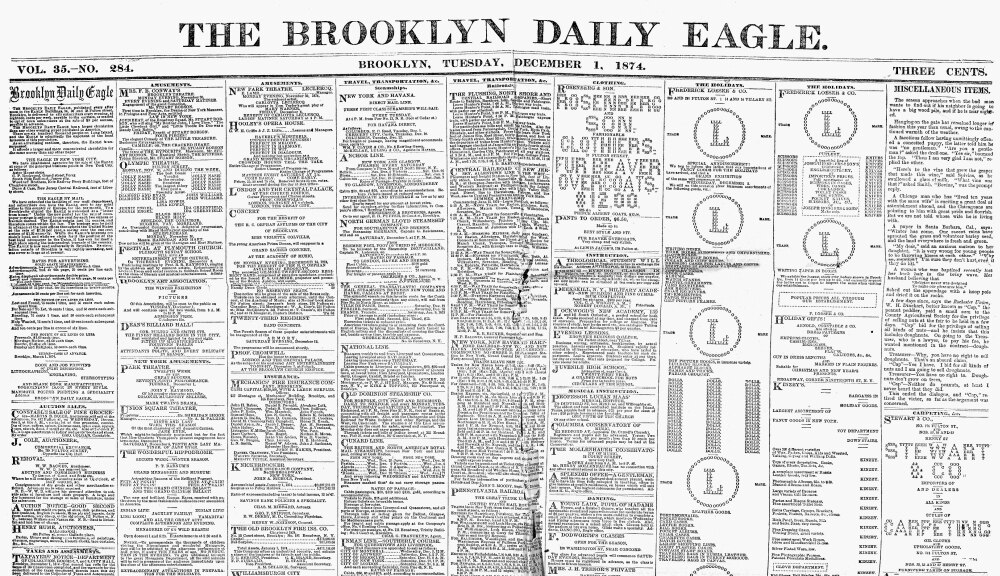 Brooklyn Daily Eagle, 1874. /Nupper Half Of The Front Page Of 'The