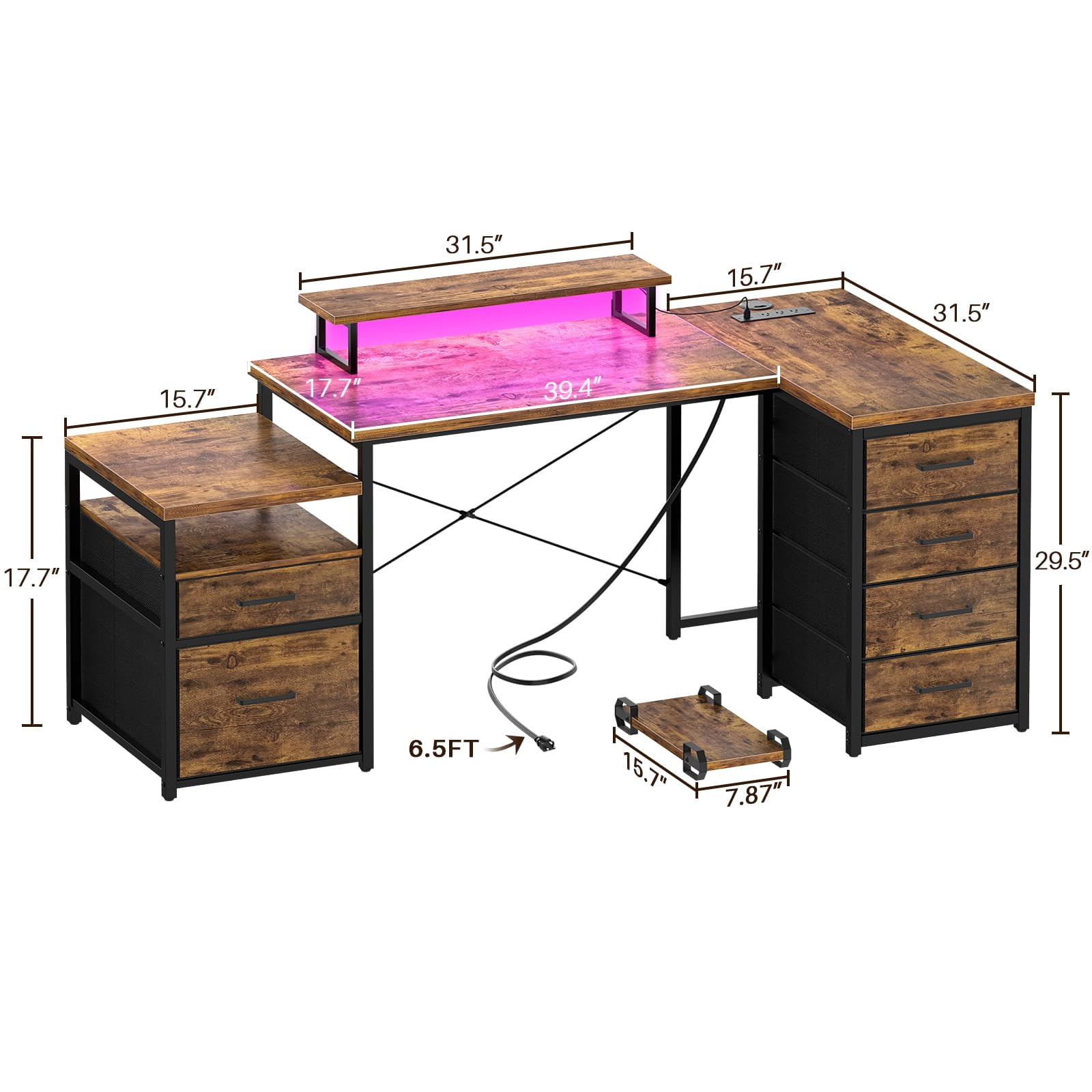 Homieasy Reversible L Shaped Computer Desk with Fabric File Drawers, 70.8" Large Office Desk with RGB LED Lights & Power Outlets & Monitor Stand & CPU Stand, Sturdy Corner Gaming Desk, Rustic Brown