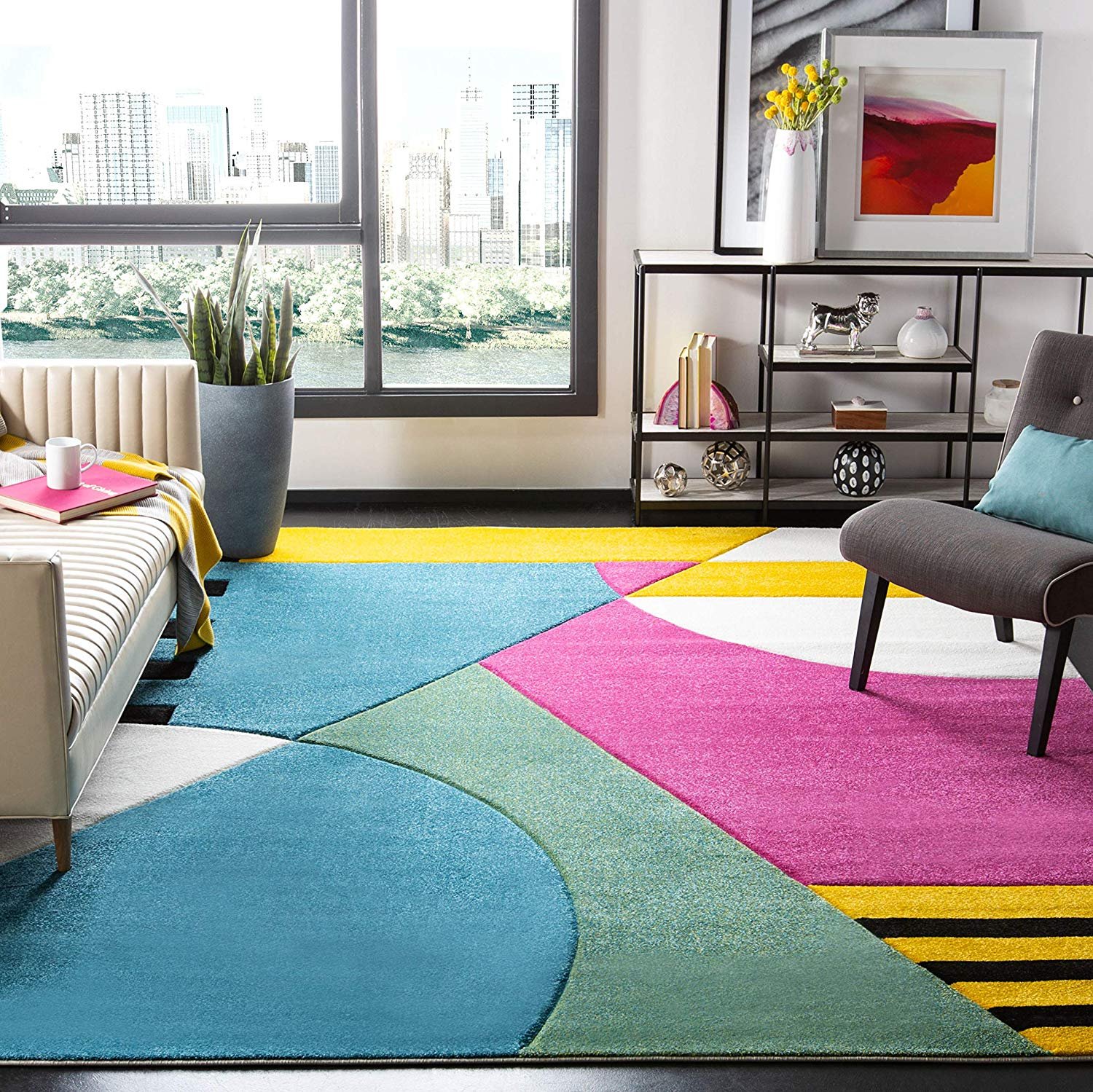 Safavieh Hollywood Collection HLW706C Peacock Blue and Fuchsia Area Rug