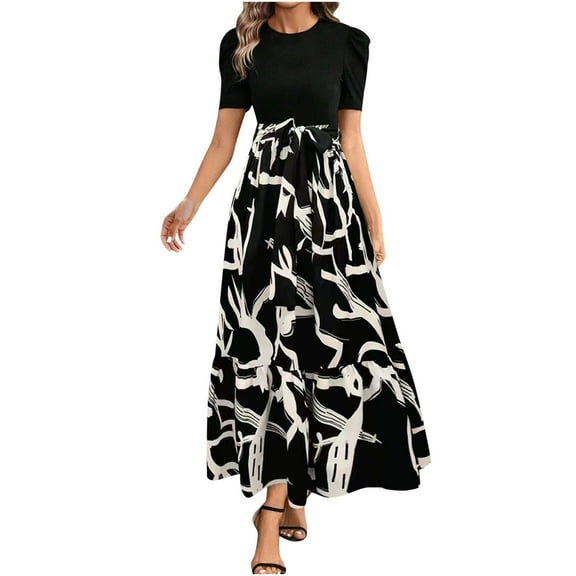 Felirenzacia Bussiness Casual Dress for Women, Fitted Crew Neck Short Sleeve Top with Ribbon Belt Flowy Fashion Printed A-Line Skirt, Womens Work Casual Dress