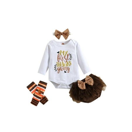 

jaweiwi Girls Long Sleeve Round Neck Loose Romper Tops + Ruffle Half Dress + Headband + Long Socks for Thanksgiving Day Size 0 6 9 12 18 M