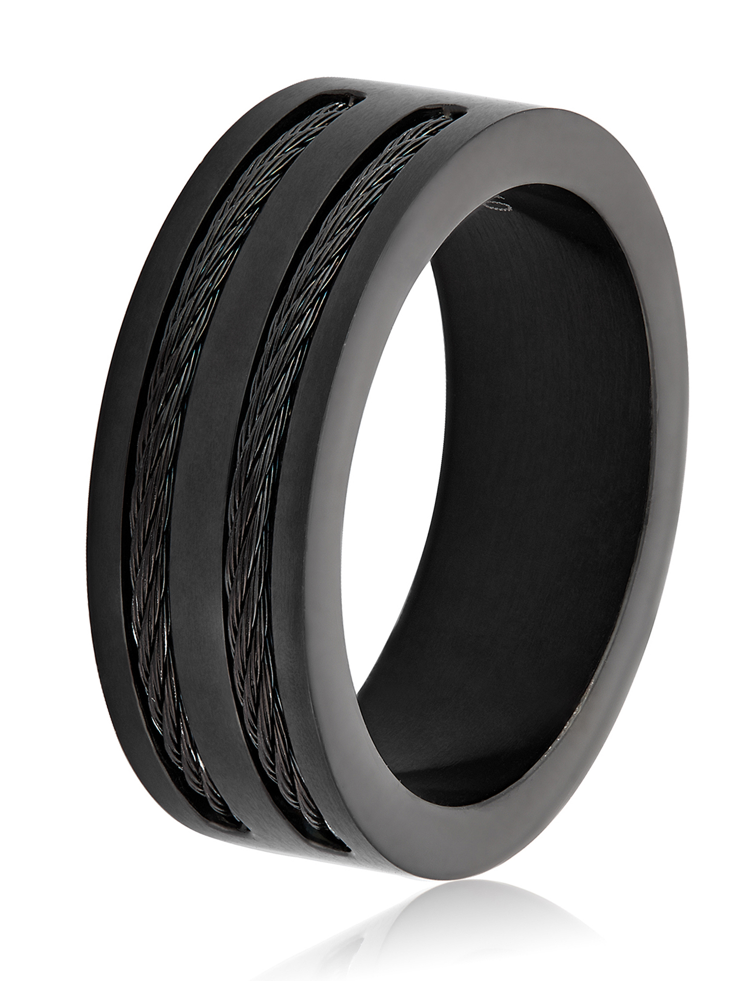 Men's Black IP Stainless Steel Polished Double Wire Cable Inlay Flat