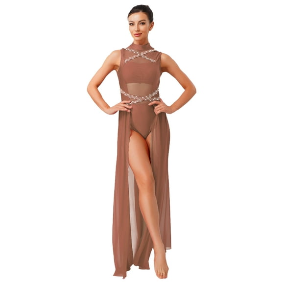 renvena Lyrical Dance Costumes for Women Sleeveless Turtleneck Backless Mesh Tulle Maxi Dress Coffee M