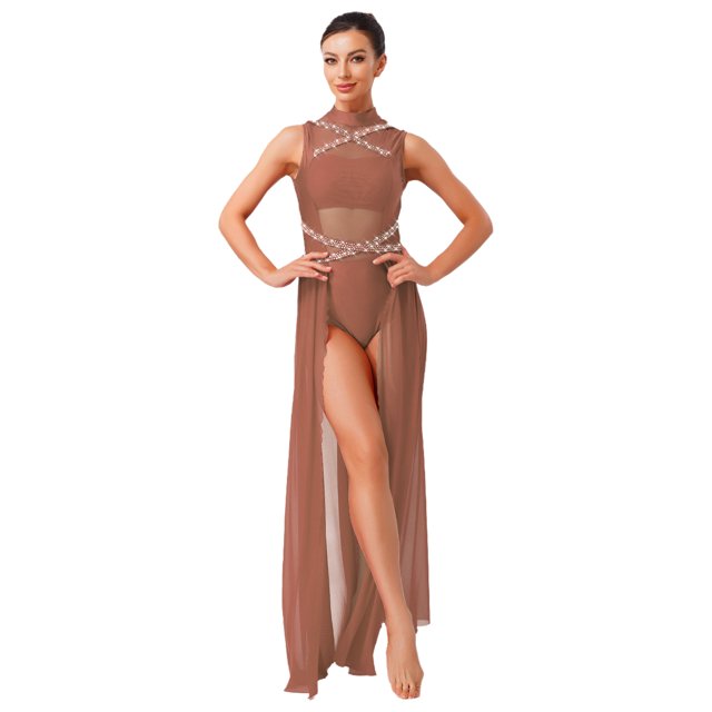 renvena Lyrical Dance Costumes for Women Sleeveless Turtleneck Backless Mesh Tulle Maxi Dress Coffee M