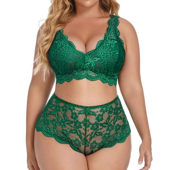 Betiyuaoe Pajamas Underwear for Women Plus Size V Neck High Waist Floral Lace Criss Cross Bra And Panty 2 Piece No Underwire Underwear Sets