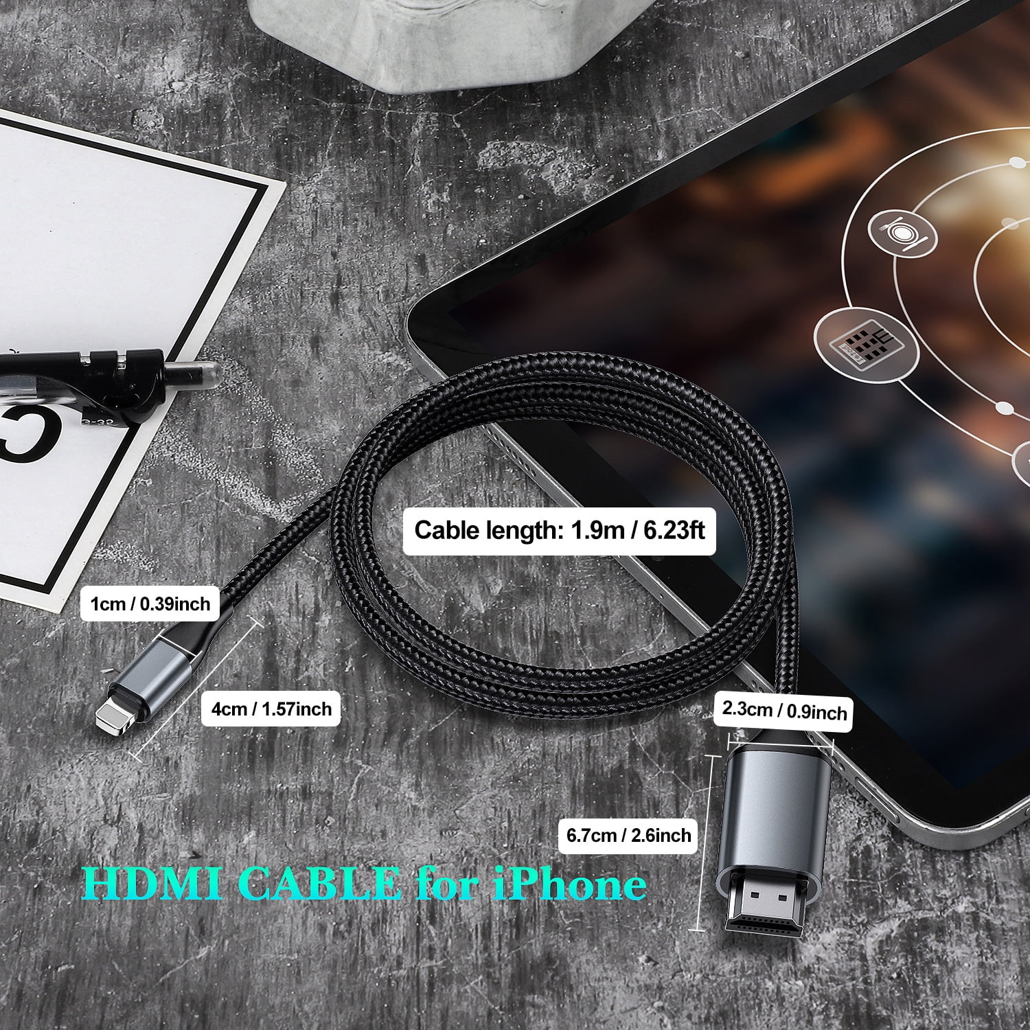 Lightning to HDMI Adapter • HDMI Cable for iPhone to TV • Compatible with iPhone14, 13, 12, 11 & YouTube to TV Output • with 1080P HD Display • Sync Video and Sound • Just Plug and Play • 6.6FT, Grey