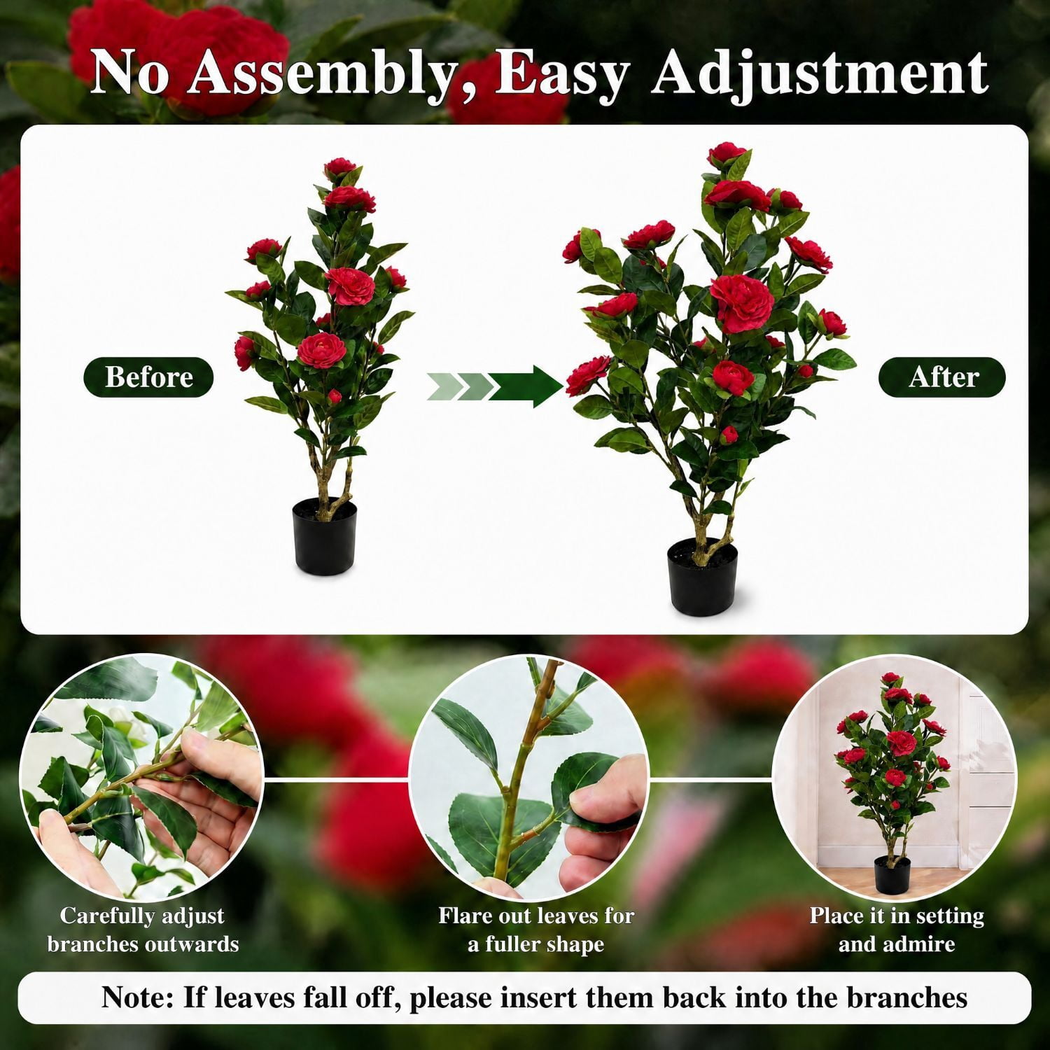 Easy4Home 2.6FT Artificial Flower Plant Fake Camellia Tree Potted Indoor, Red