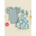thumbnail image 4 of BemeyourBBs Newborn Baby Girls Summer Clothes Infant Baby Girl 2 Piece Outfit Daisy Bib Overalls Set Short Sleeve Rib Knit Romper With Flower Print Suspender Shorts Set Pockets, 4 of 9