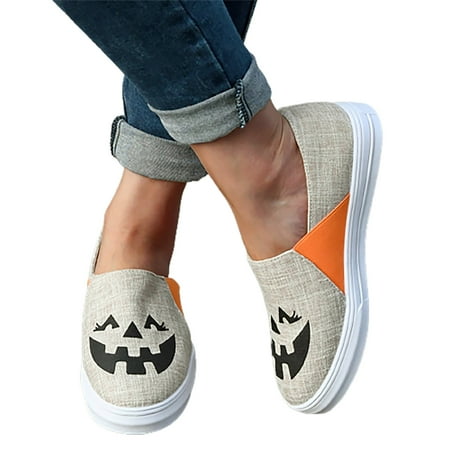 Oyedens Halloween Slip on Loafers for Women Funny Pumpkin Casual Low Top Canvas Shoes Walking Sneakers