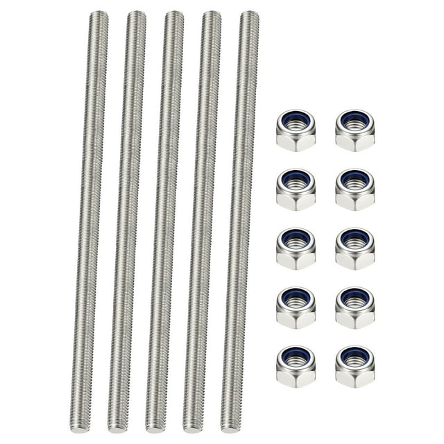 Uxcell Fully Threaded Rod, M4 x 300mm 304 Stainless Steel Right Hand Thread Bar Studs with Nuts, 5 Pcs