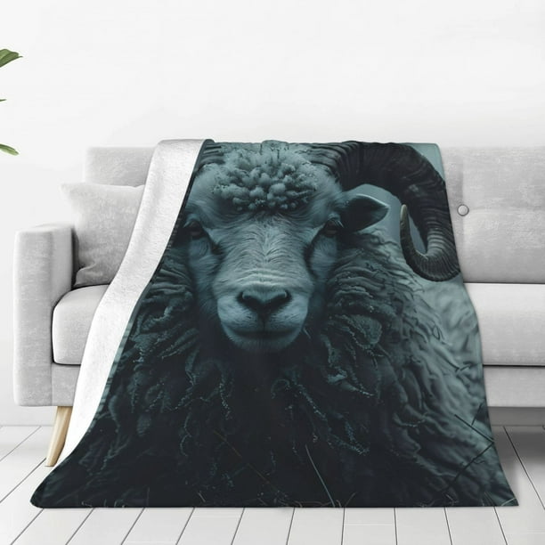 Balery Moody Ram Portrait Manta de Felpa Suave y Acogedora – Cobija de Franela Aterciopelada para Cama, Lavable y Cálida para Sofá, Mascotas, Transpirable-80"x60"