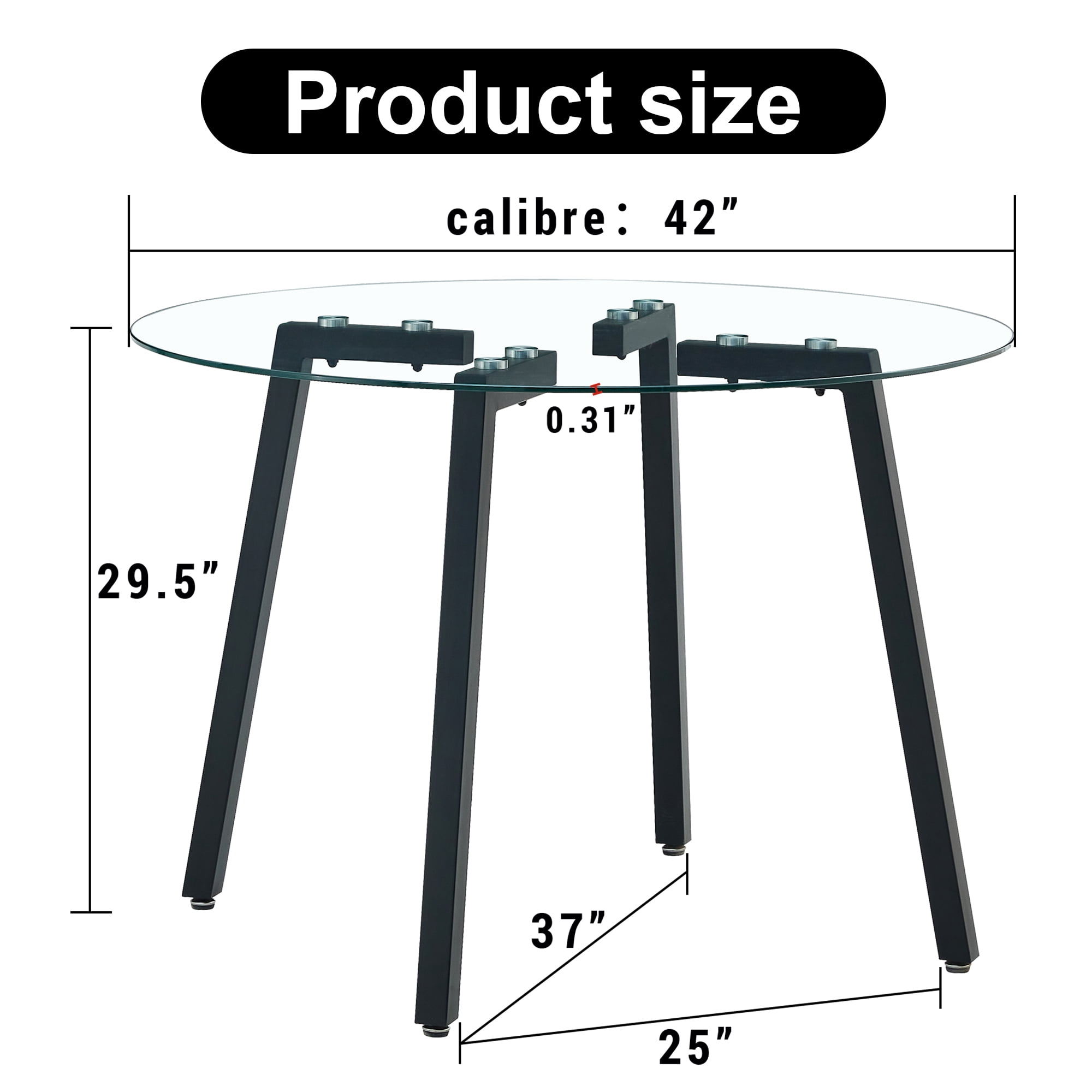 Glass Dining Table 42 Inch Round, Tempered Glass Tabletop with Black Metal Legs, Modern Round Coffee Table for Kitchen, Dining Room and Living Room, Clear Tempered Glass Table, Easy Assembly