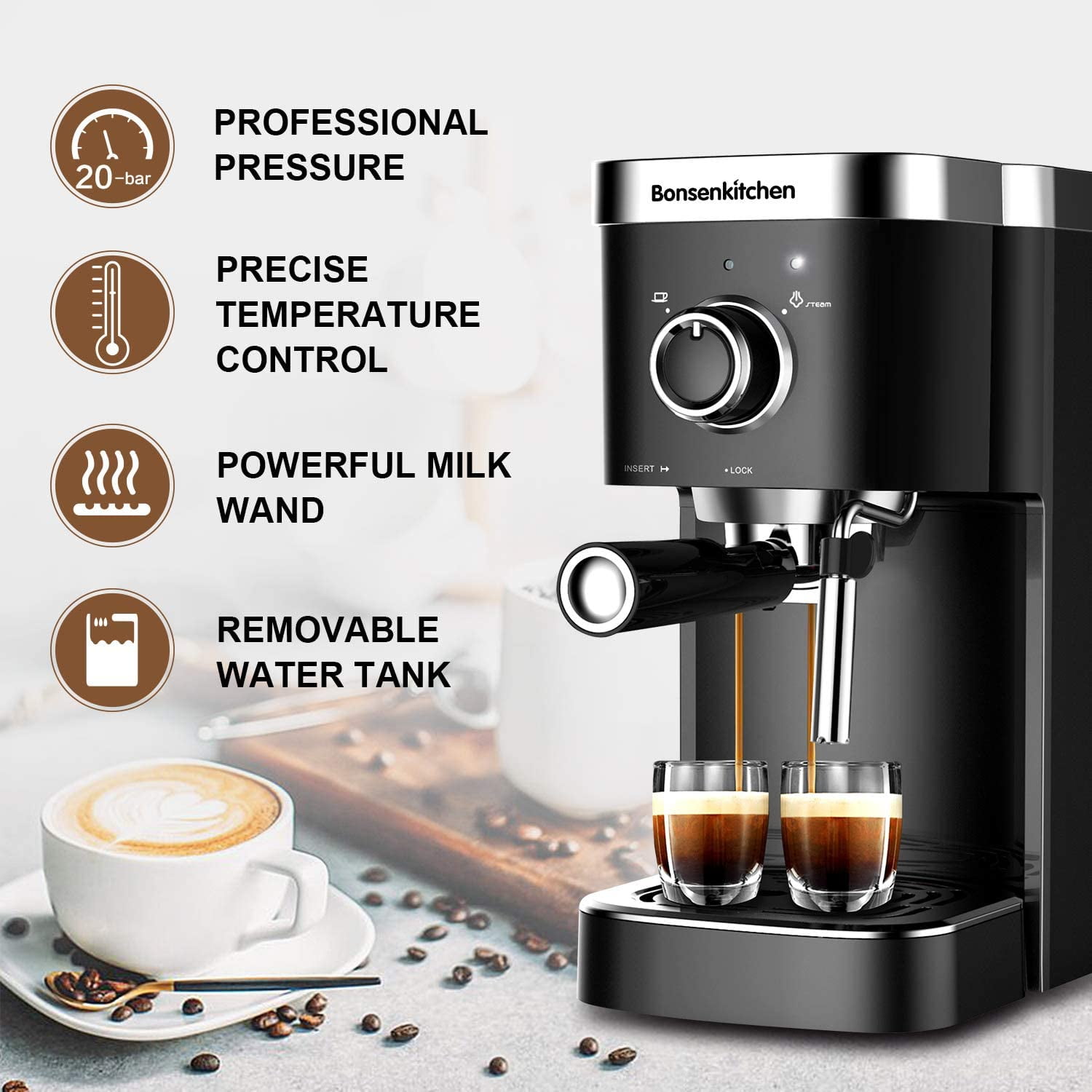 Bonsenkitchen Espresso Machine 15 Bar Coffee Machine With Foaming Milk –