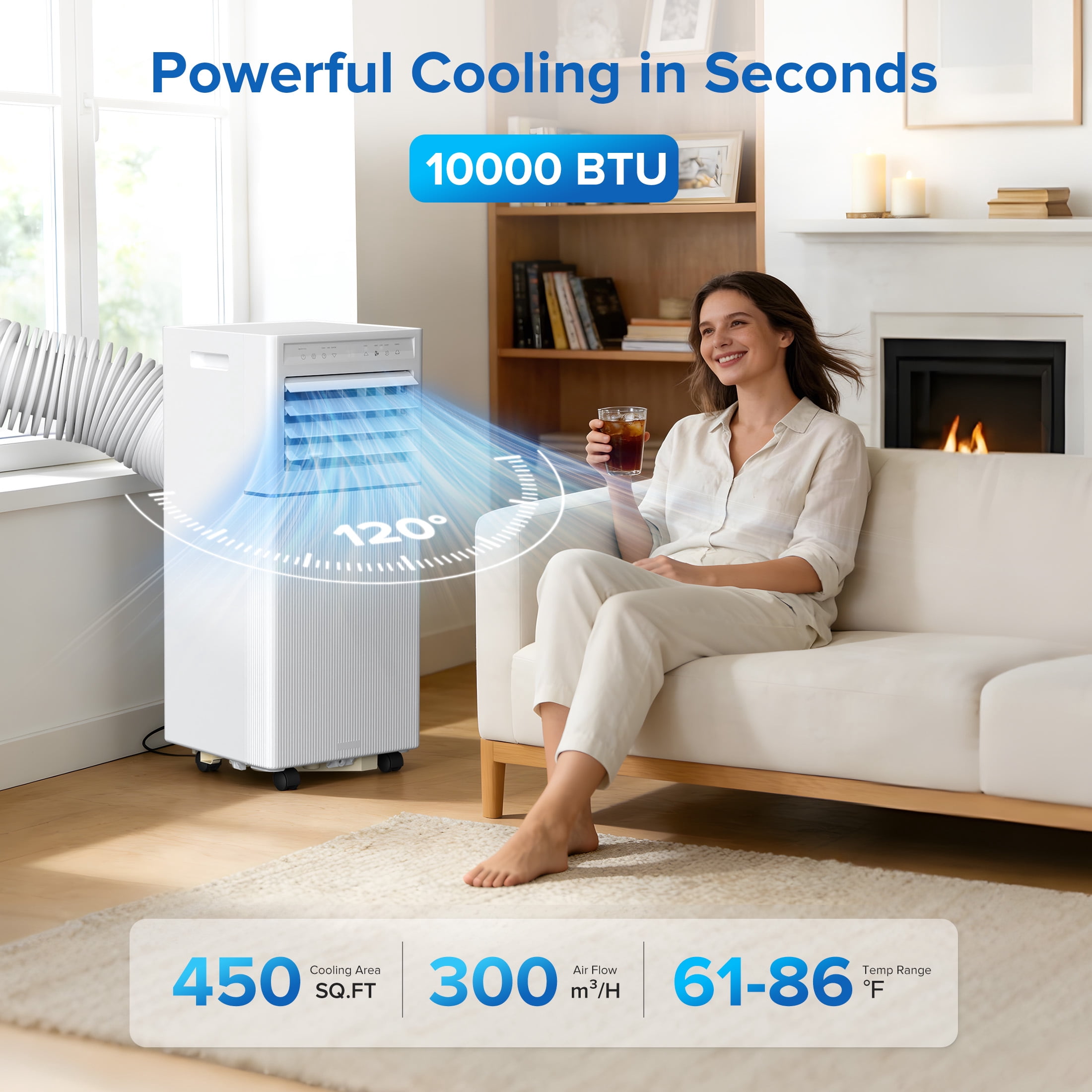 KISSAIR Portable Air Conditioner 10000 BTU Ashrae, 4-in-1 Portable AC, Dehumidifier & Fan with 24-Hour Timer/Remote Control/Windows Kit (White)