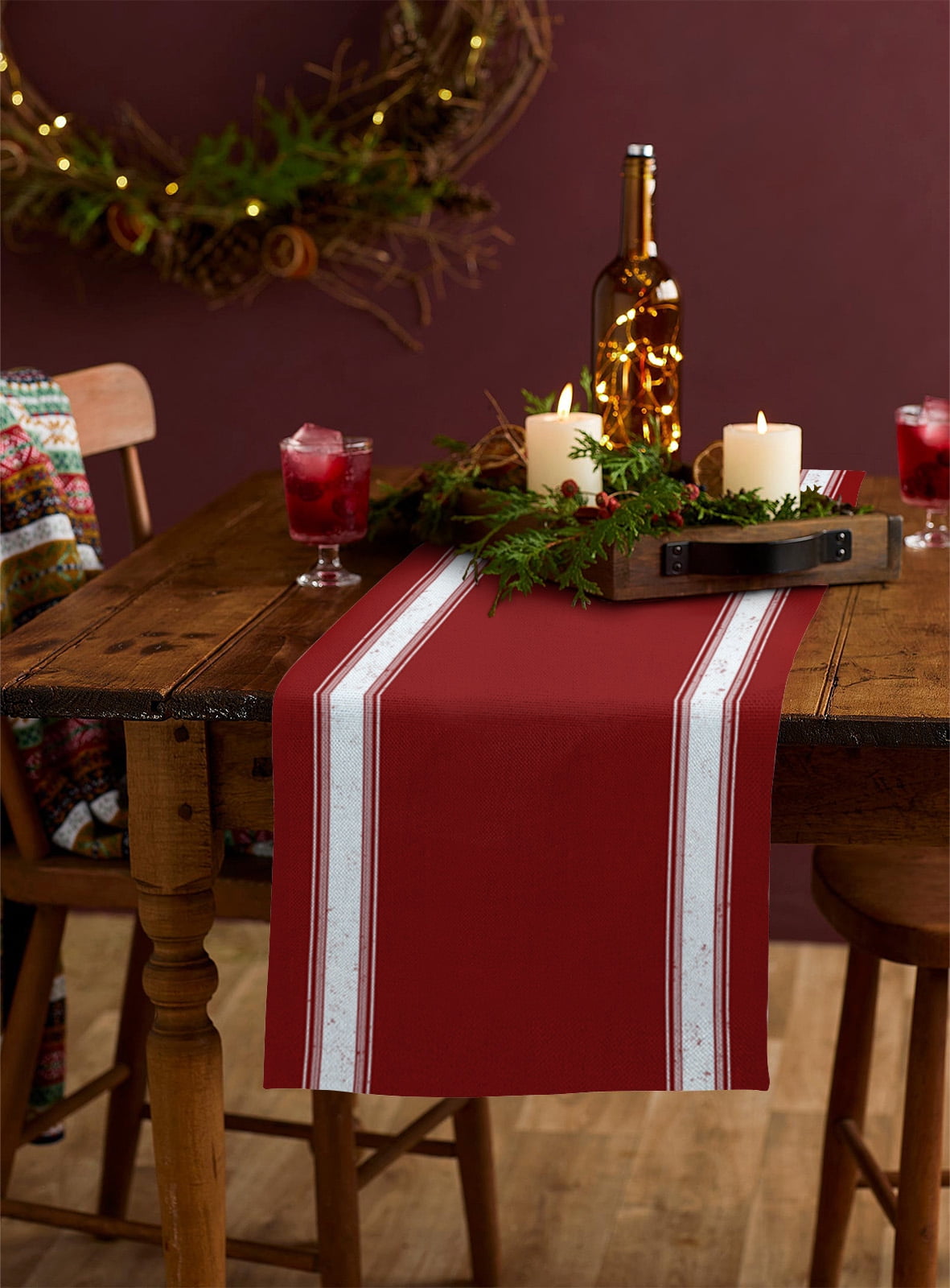 Hokiten Table Runners 72 Inches Long Dress Scarves, Christmas Red Farmhouse Kitchen/Dining Table Runner, Coffee Tablerunners, Luxurious Xmas Red White Striped 14x72 Inch