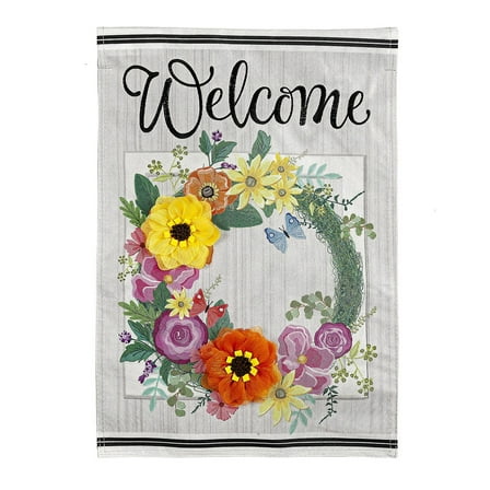 Evergreen Floral Wreath Garden Linen Flag 12.5 x 18 Inches Indoor Outdoor Decor