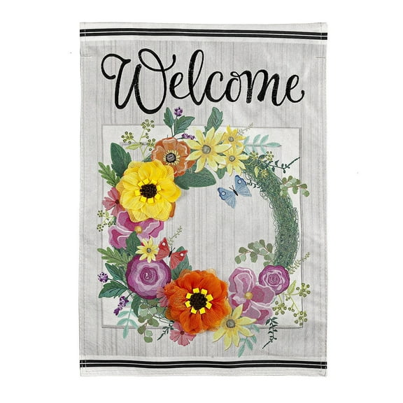 Evergreen Floral Wreath Garden Linen Flag 12.5 x 18 Inches Indoor Outdoor Decor