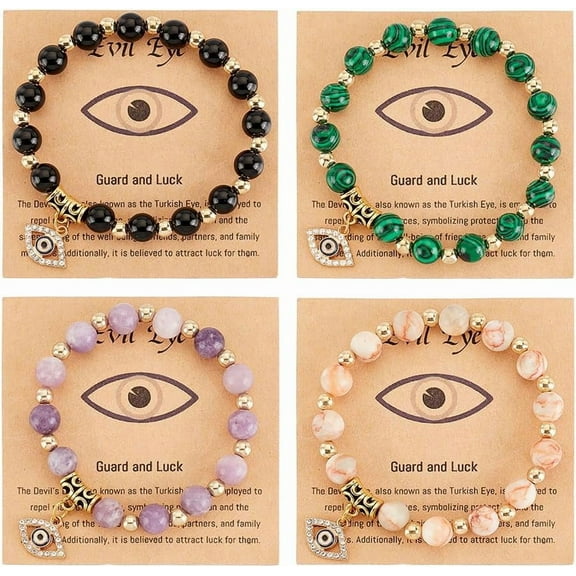 1 Box 4 PCS Evil Eye Natural Stone Beads Bracelets for Women Men Charms Handmade Bracelet Gemstone Beaded Stretch Bracelets Set Lucky Chic Colorful Stone Bracelets for Protection and Blessing