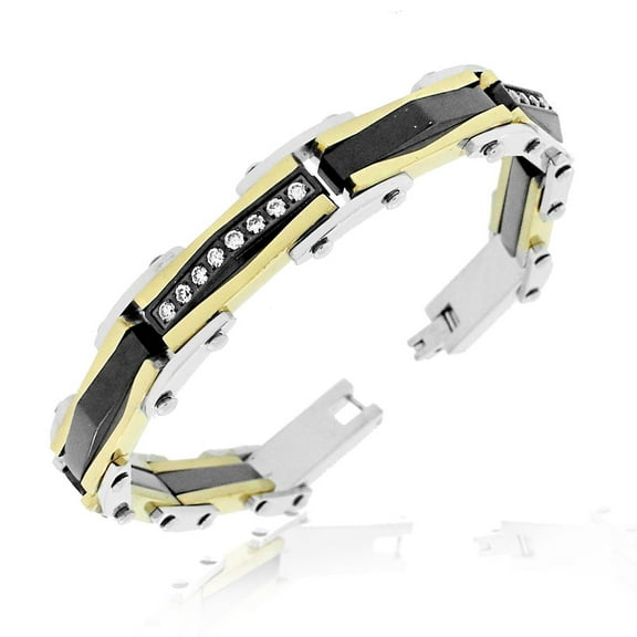 Stainless Steel Black Yellow Gold-Tone Silver-Tone CZ Link Mens Bracelet