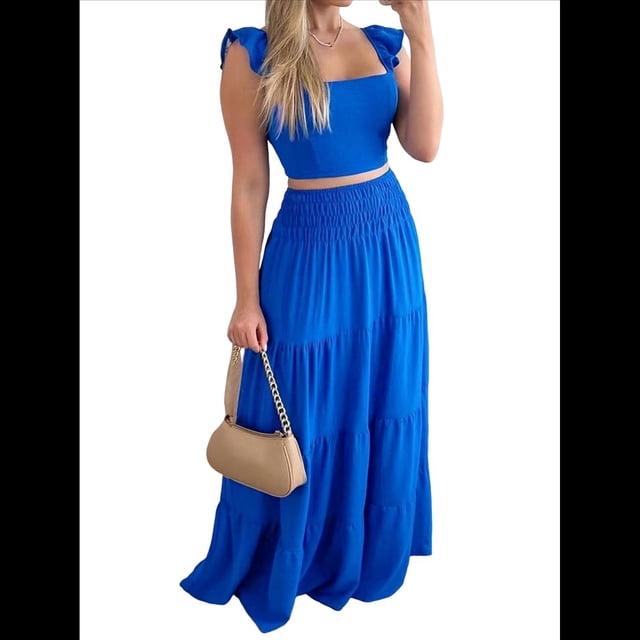 Conjuntos de Falda de 2 Piezas para Mujer, Verano 2025, , Vacaciones en Resort, Conjuntos de Camiseta Sin Mangas y Falda Larga Azul Real XL