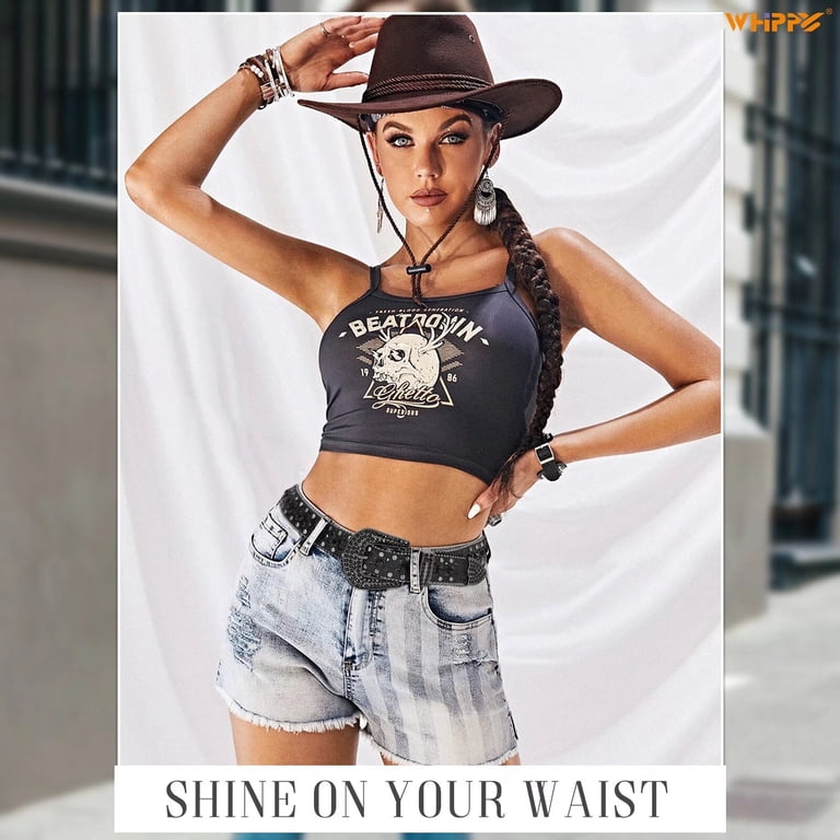 Whippy Rhinestone Studded Leather Belt, Western, Black photo 4
