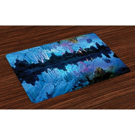 - Natural Cave Placemats Set of 4 Illuminated Reed Flute Cistern with Artifical Crystal Palace Myst Cave Image Print, Washable Fabric Place Mats for Dining Room Kitchen Table Decor,Blue, by Ambesonne