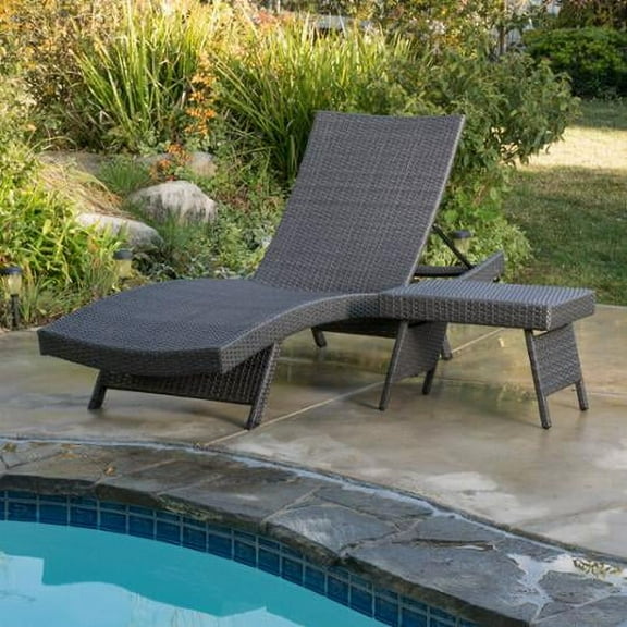 Olivia Outdoor Wicker Folding Adjustable Armless Chaise Lounge and Table Set, Gray