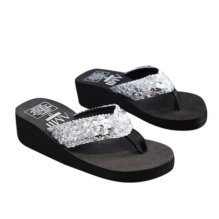 

Dvkptbk Slippers Women s Summer Wedge Heel Flip Flops Sequin Slippers Beach Non-slip Shoes Silver 39