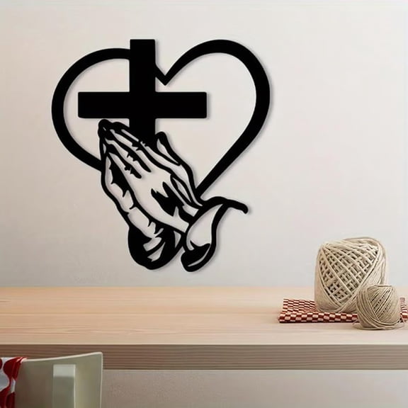FYHALE Metal Cross Wall Art Decor, Elegant Metal Christian Heart & Cross Wall Art, Sacred Cross Praying Hands Design, Jesus Wall Decor Iron Sculpture Christian Decor for Indoor/Outdoor Living Room