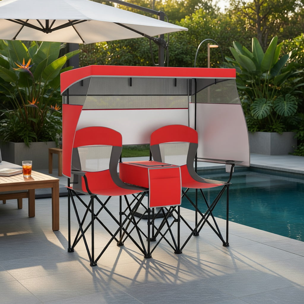 Hommoo Double Beach Chair with Adjustable UPF50+ Canopy, 3-Side Roll-Up Shade Curtains, Built-in Cooler Bag & Mesh Ventilation, Red